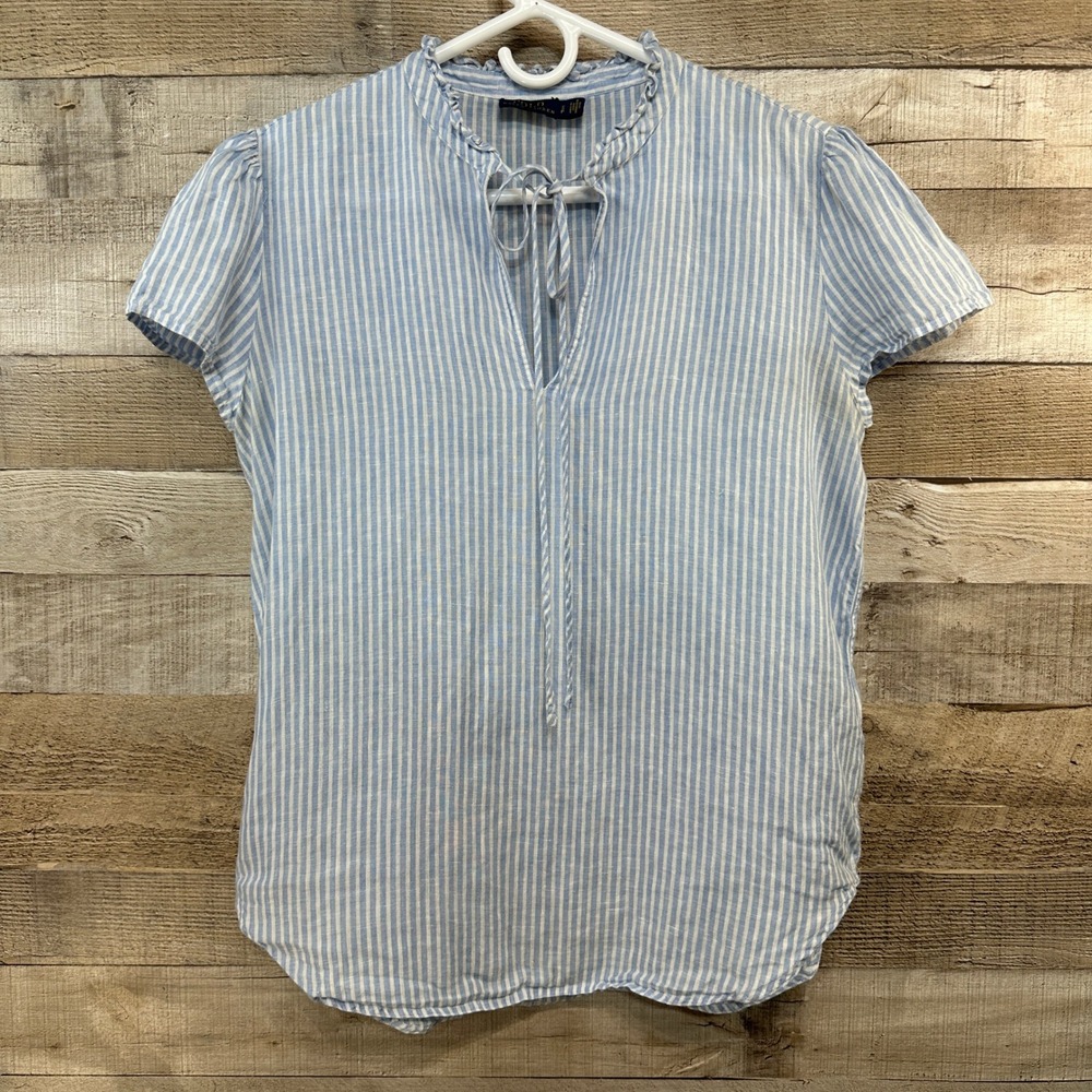 Polo Ralph Lauren Blue White Striped Linen Ruffle Tie Neck Blouse Top Small